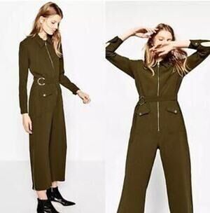 Zara Olive Military Style Zipper Detailing Wide Leg Long Sleeve Belted Jumpsuit